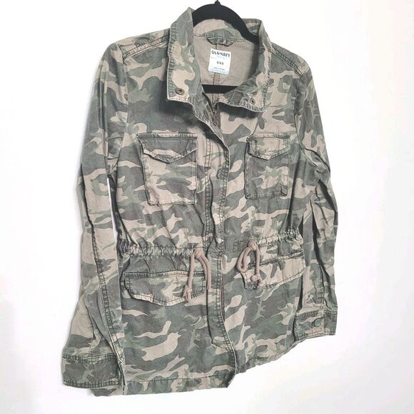 Old Navy Women’s Medium Green Camo Utility Jacket Zip Button Pockets Drawstring - Picture 1 of 4